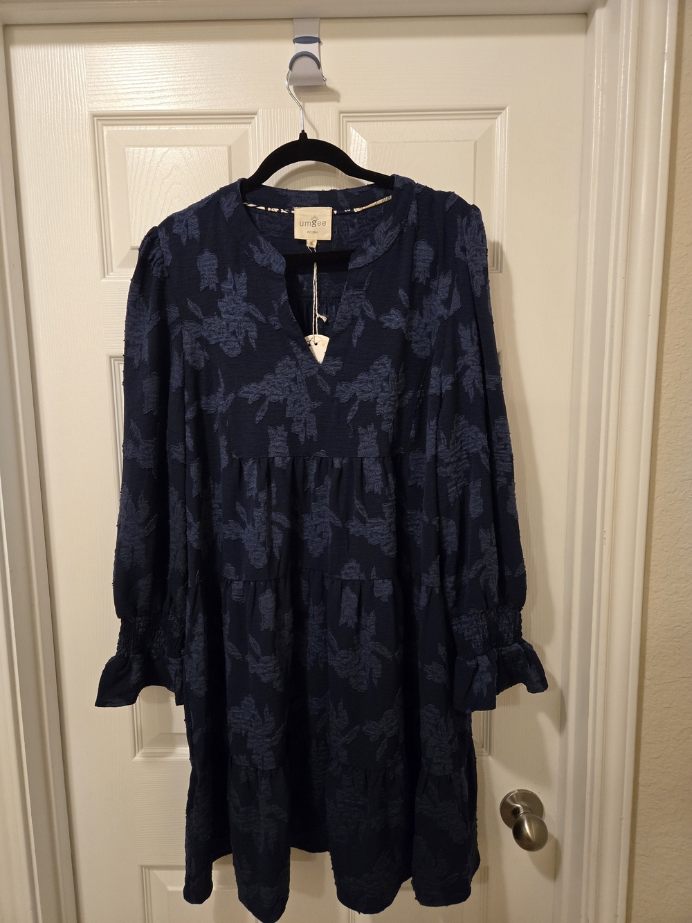 Umgee Navy Floral Tiered Long-Sleeve Dress